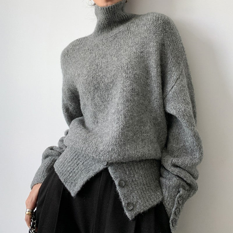Solid Color Button Design Fashion Sweater